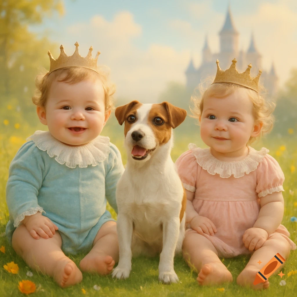 Two smiling babies wearing crowns sit in a grassy meadow with a Jack Russell dog, a castle in the background.