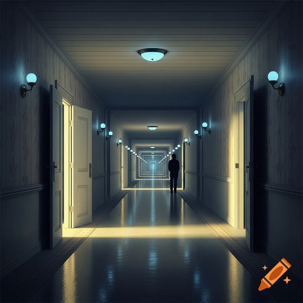 A person stands in a long, dark, empty hallway with glowing doors and ceiling lights reflected on the floor.