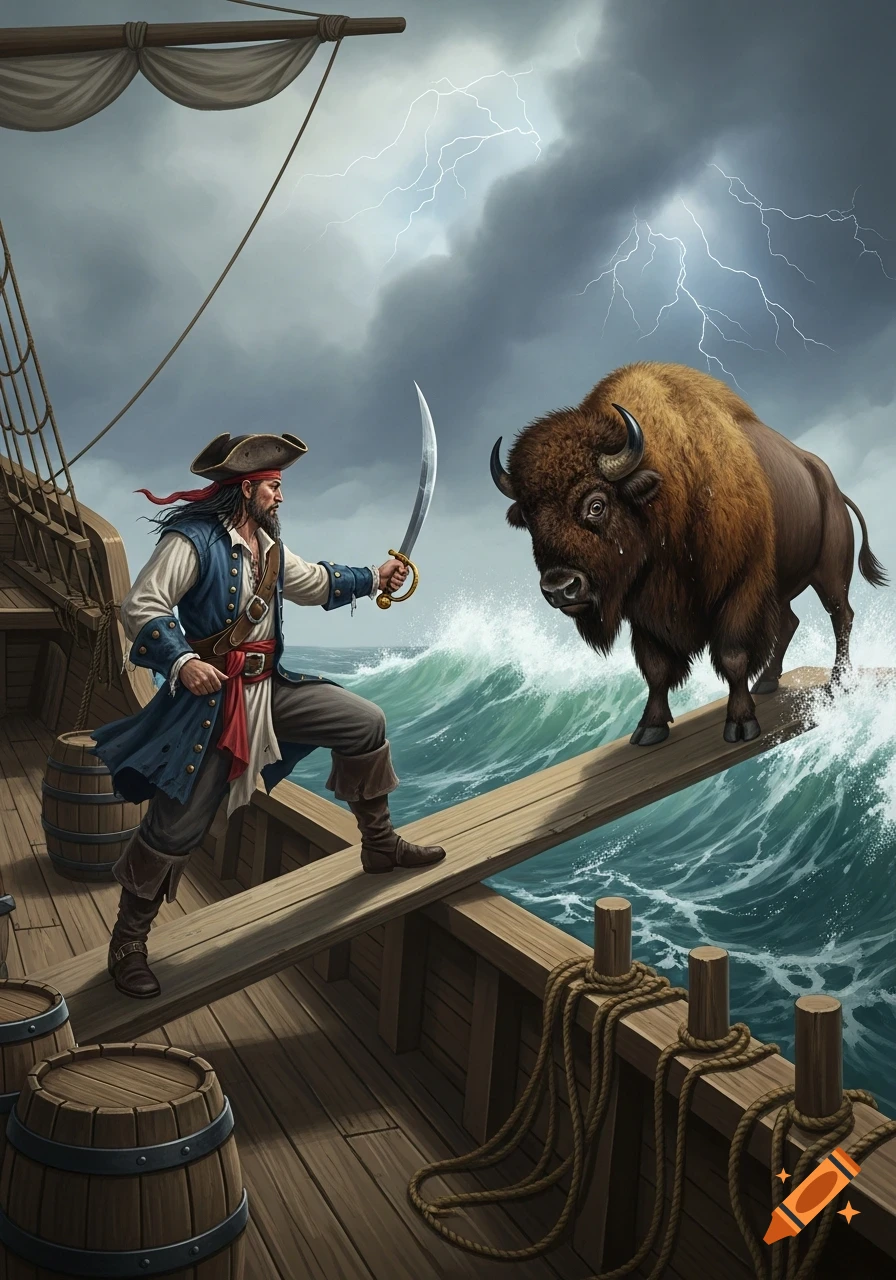 An illustration of a pirate with a sword making a bison walk the plank from a ship during a stormy sea with lightning.
