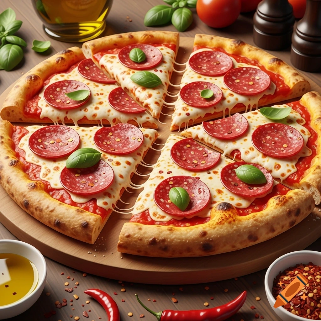 Photorealistic pepperoni pizza, cut into four slices on a wooden board, with basil, chili flakes, olive oil, and red chilies.