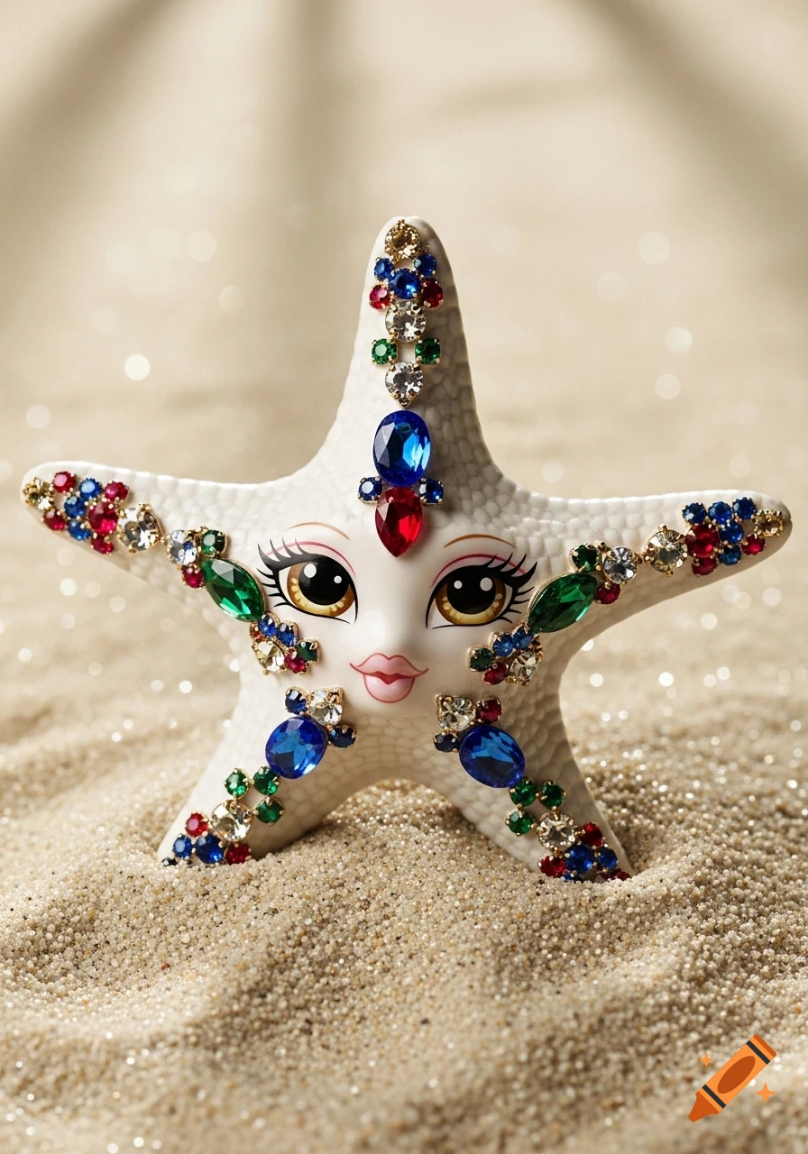 A white porcelain starfish with Bratz doll-like eyes and lips, adorned with colorful jewels, sits on sparkling sand.