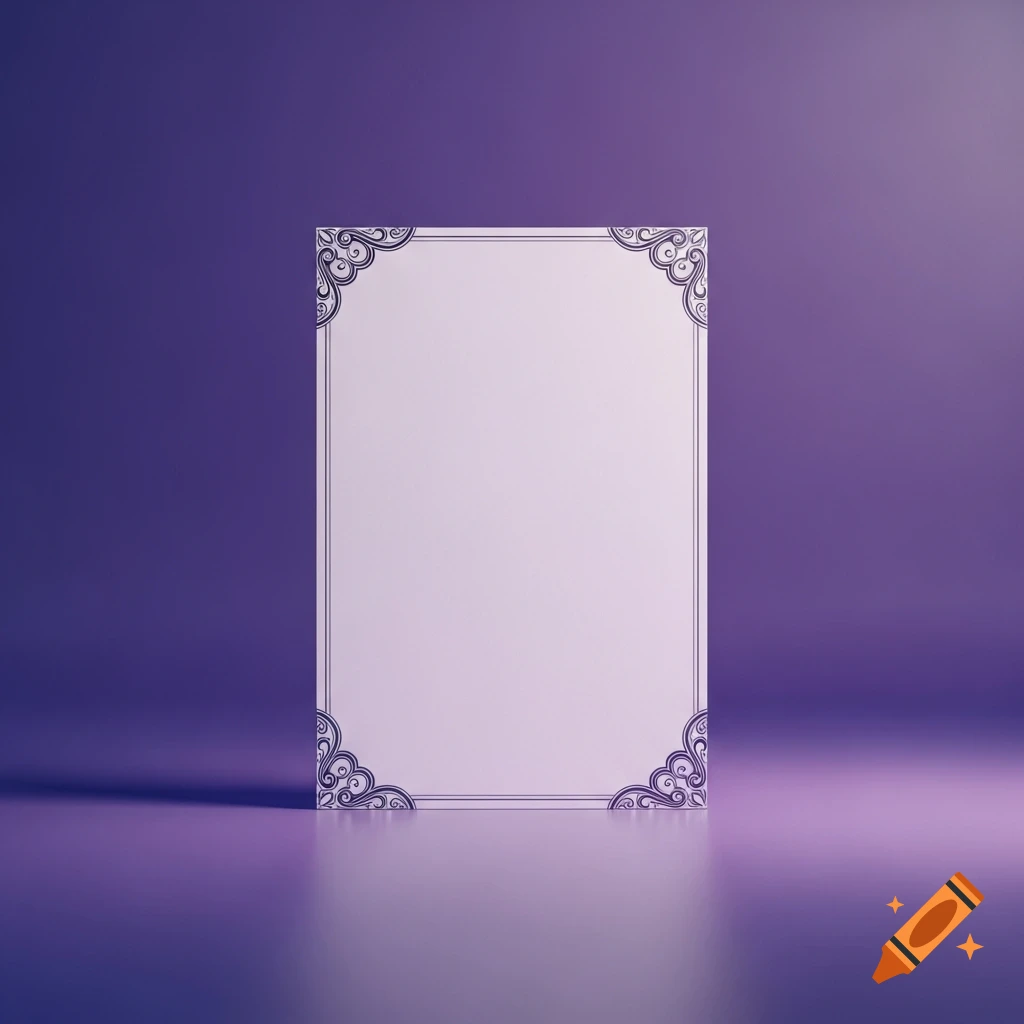 A clean white stationary sheet with elegant dark corner designs stands upright on a reflective surface against a purple gradient background.