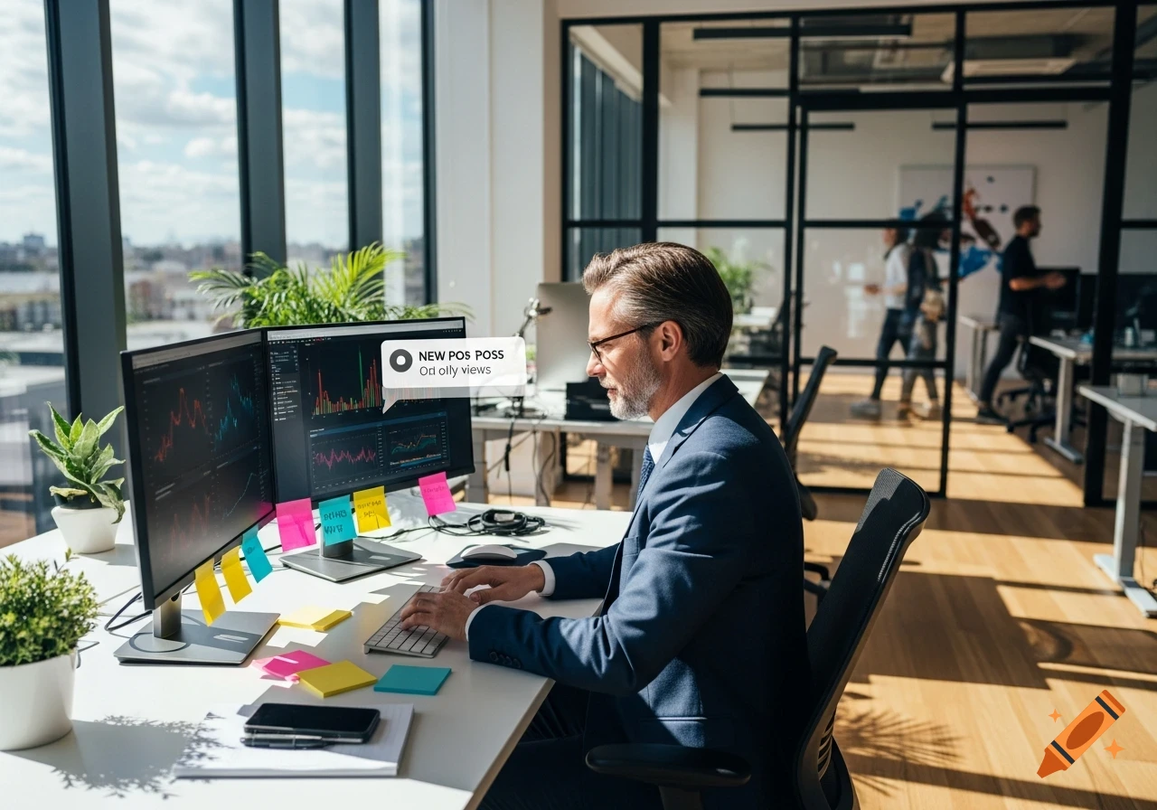 A man in a suit works at a desk with two computer monitors, displaying graphs and a pop-up notification, in a bright, modern office.