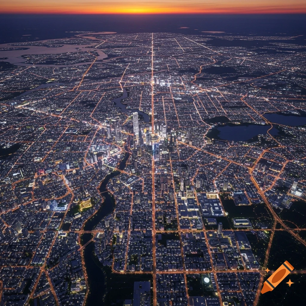 An aerial view of a sprawling city at dusk, with streets and buildings illuminated by countless lights against an orange and dark blue sky.