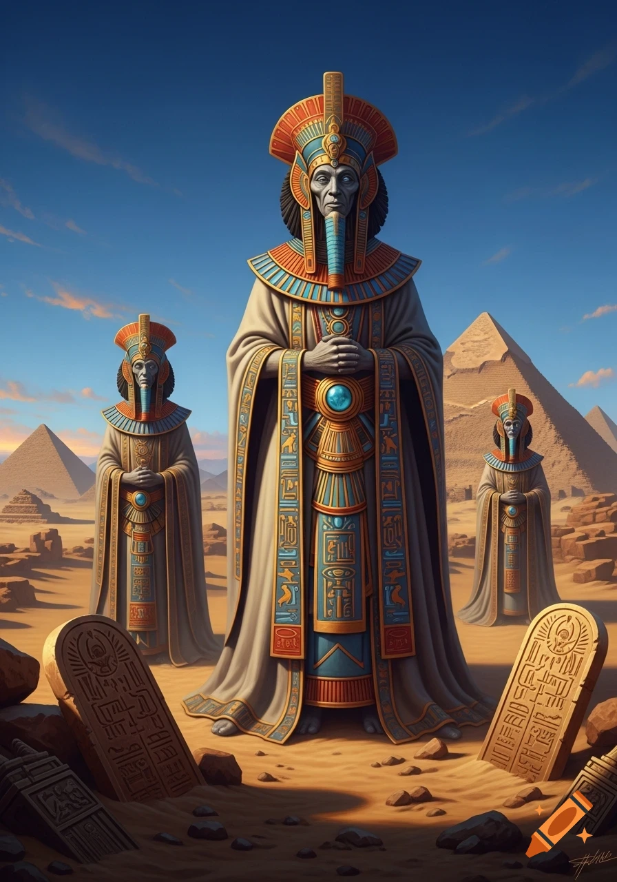 Three large Egyptian-style statues with ornate headdresses and robes, standing in a vast desert landscape with pyramids under a blue sky. Hieroglyphs are carved into nearby stone tablets and on the statues' clothing.