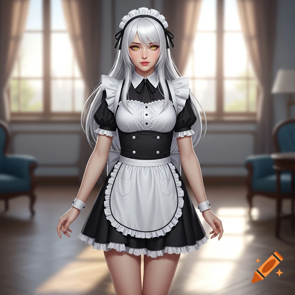 An anime-style female character with long white hair and yellow eyes, wearing a short black and white maid dress, standing in a sunlit room.