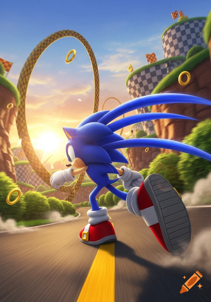 Sonic the Hedgehog runs through a vibrant Green Hill Zone, featuring loops, rings, and checkered hills under a sunny sky.