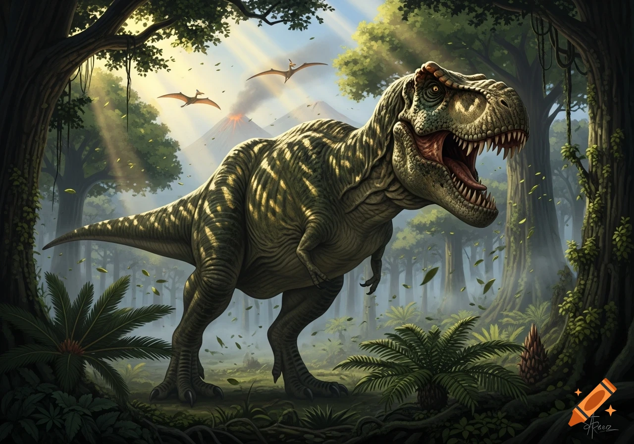 A fearsome T-Rex roars in a lush prehistoric jungle, with volcanoes smoking and pterodactyls flying under rays of sunlight.