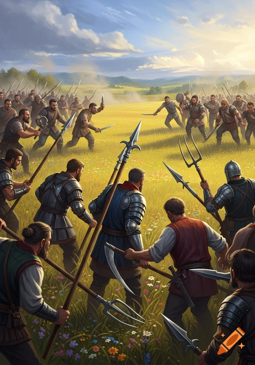 A dynamic illustration of two armies clashing in a vibrant yellow field, some warriors in armor with spears, others with farm tools.