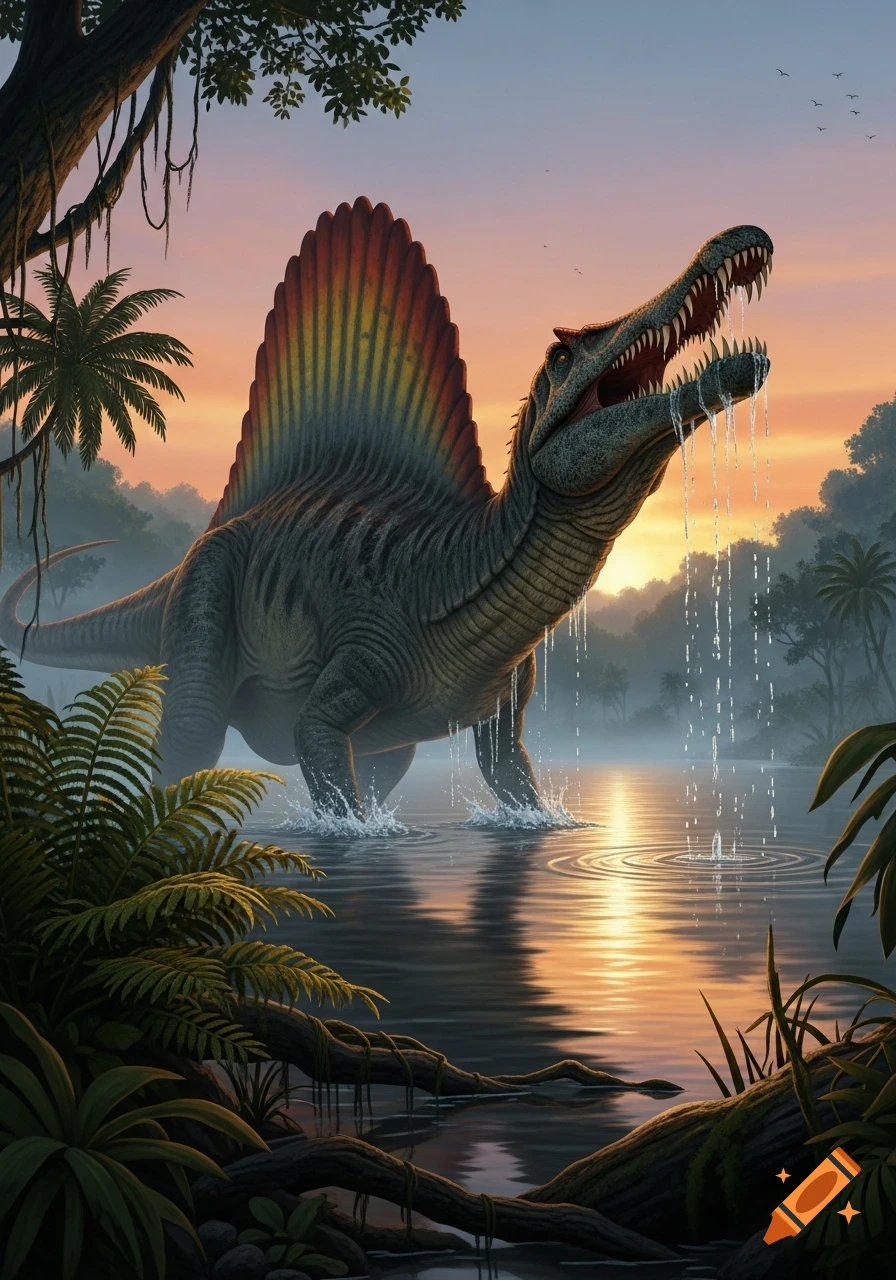 A large Spinosaurus with a colorful sail roars while wading in a jungle river at sunset, water dripping from its mouth.