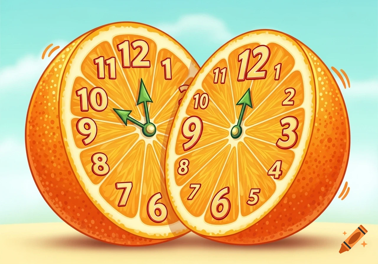 Two cartoon-style orange halves, each featuring a clock face with green hands and red numbers, against a light blue sky.