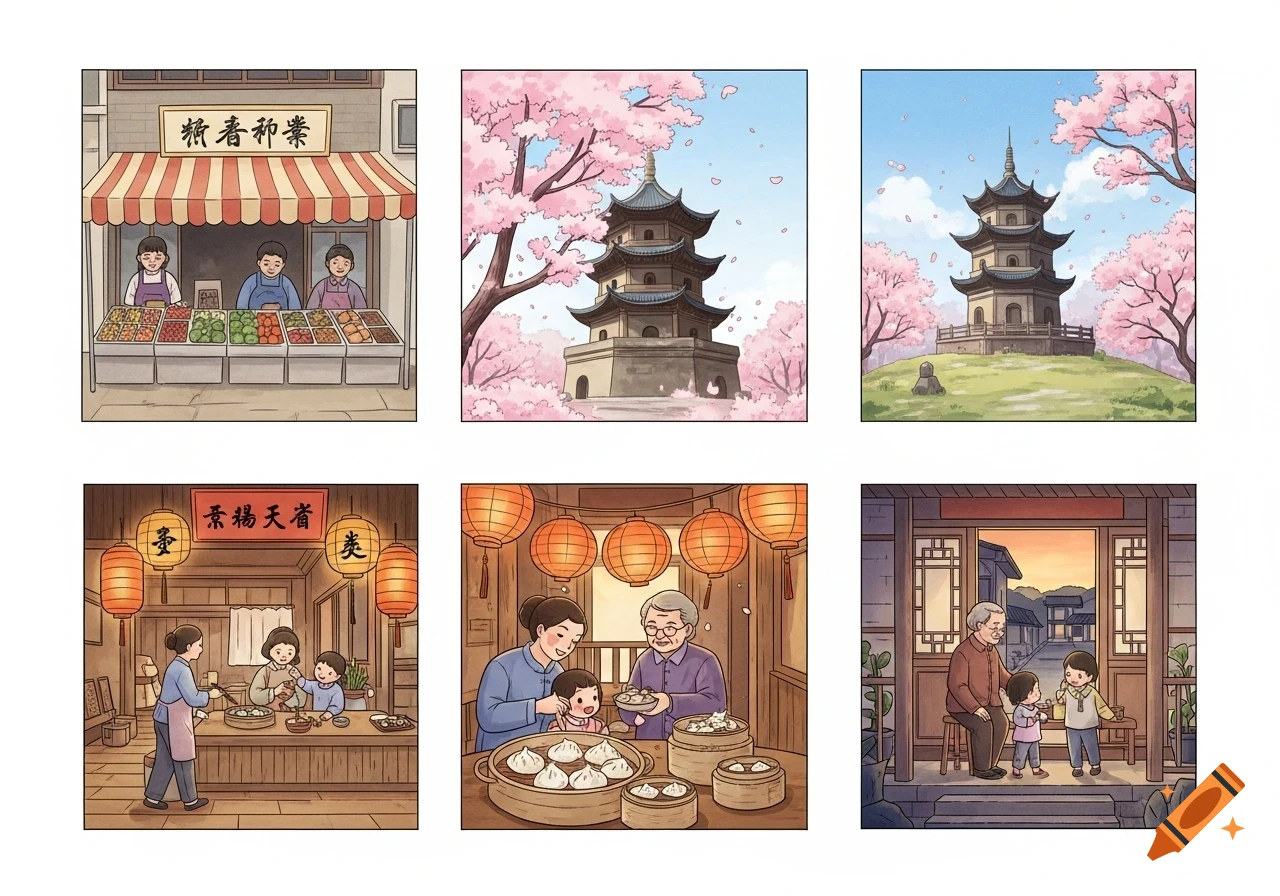 Six comic panels depicting Chinese daily life: a fruit market, two pagodas with cherry blossoms, a family cooking, a family eating dumplings, and an old man with children outside a house.