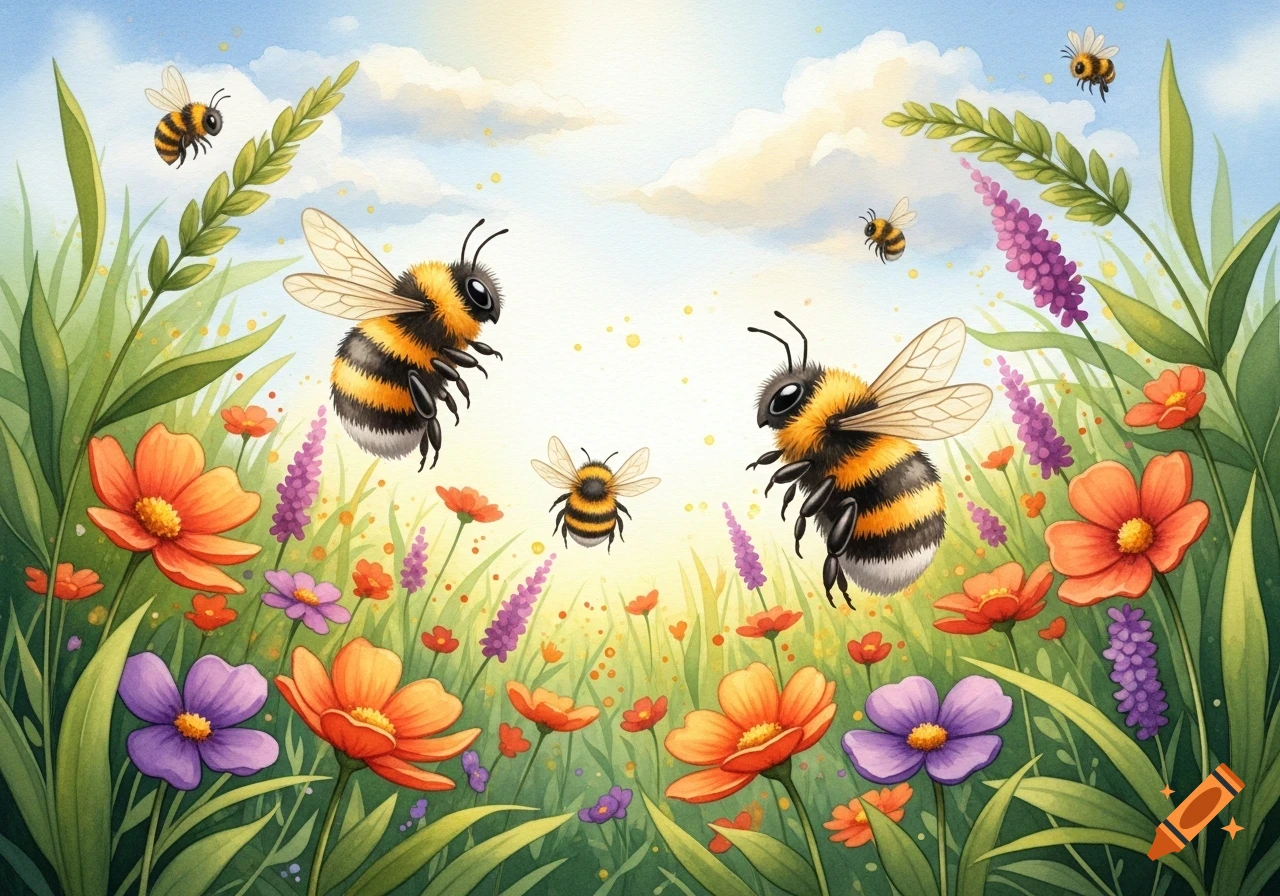 Cute watercolor illustration of bumblebees flying over a field of vibrant orange, purple, and pink flowers with green grass under a sunny sky.