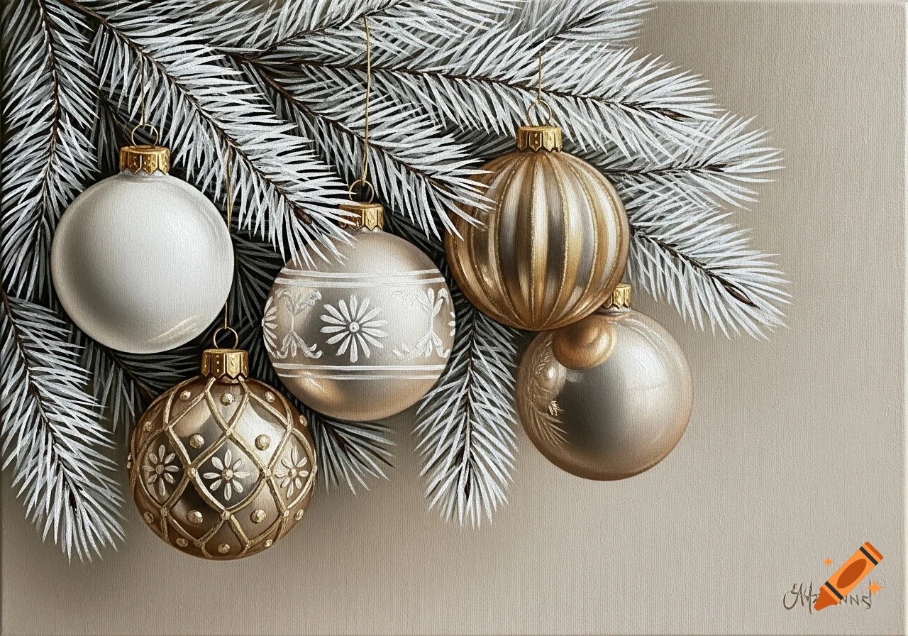 Five festive Christmas baubles in white, gold, and beige tones, hanging from a white frosted pine branch, in oil painting style.