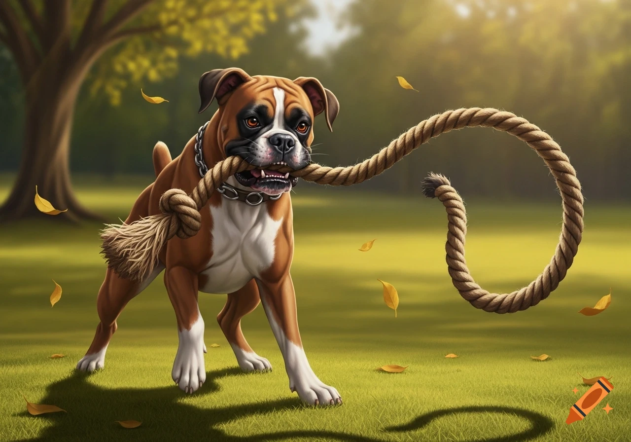 A brown and white Boxer dog tugs a thick rope in a grassy park, with golden leaves falling.