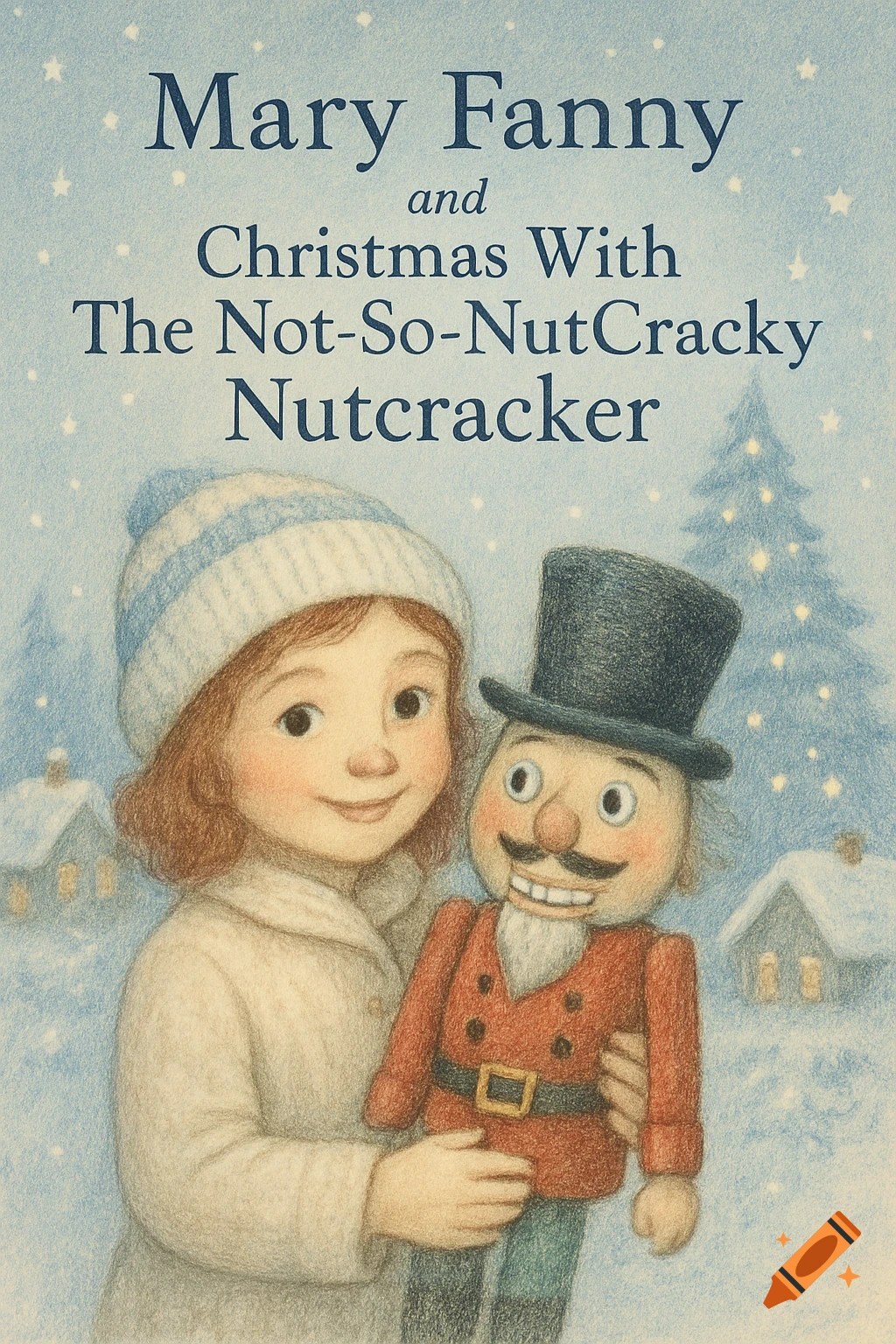 A children's book cover illustration of a girl in a winter hat holding a unique nutcracker, titled "Mary Fanny and Christmas With The Not-So-NutCracky Nutcracker".