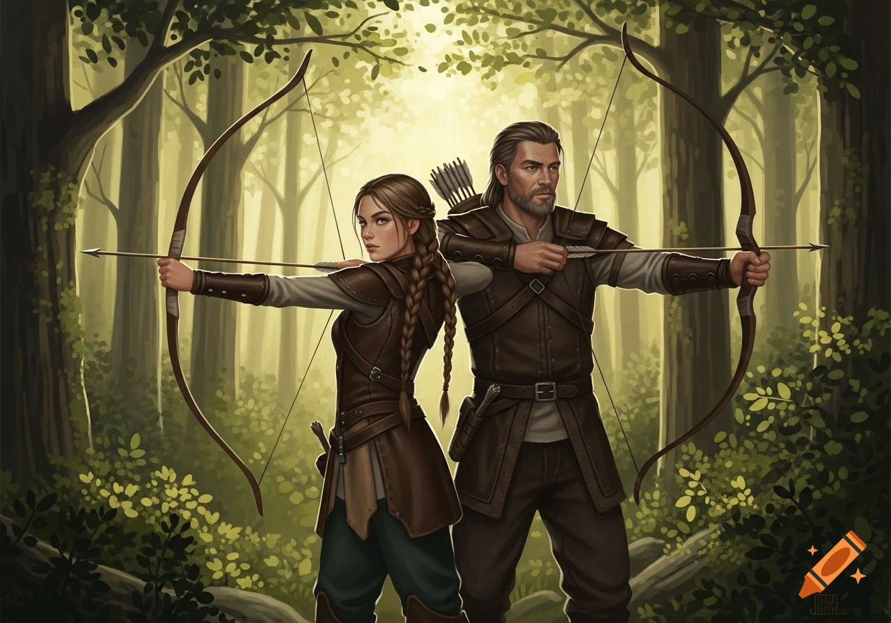 A female and male archer in leather armor draw bows in an enchanted forest, digital painting.
