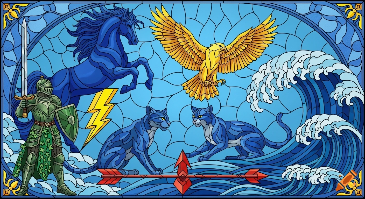 Stained glass artwork featuring a green knight, blue mustang, yellow eagle, blue wildcats, a lightning bolt, a red arrowhead, and blue waves on a light blue background.