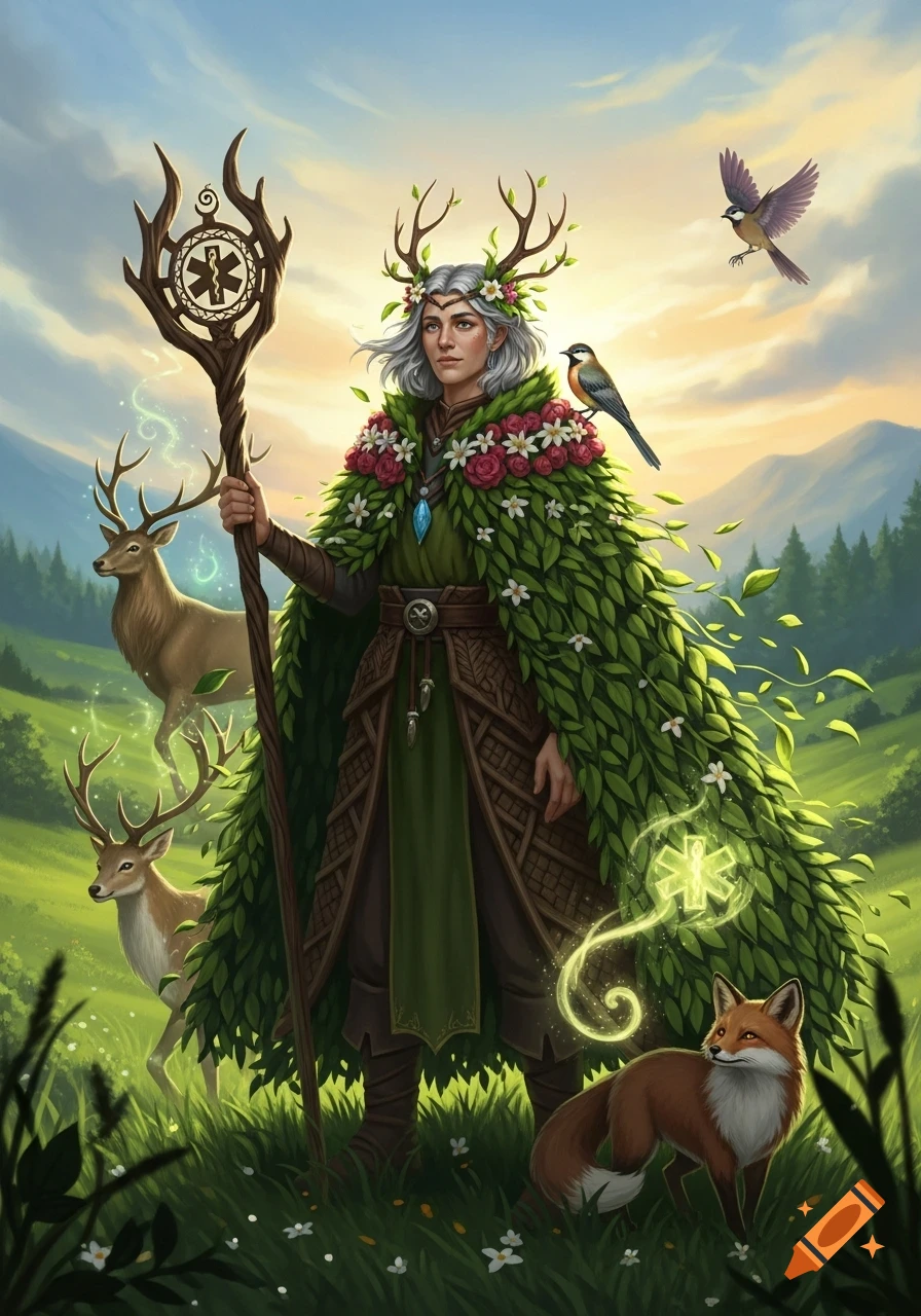 A female druid with white hair, antler-like branches, and a leaf-and-flower-covered cape, holding a staff in a vibrant forest. Deer, birds, and a fox are around her. Green magical energy glows near her.