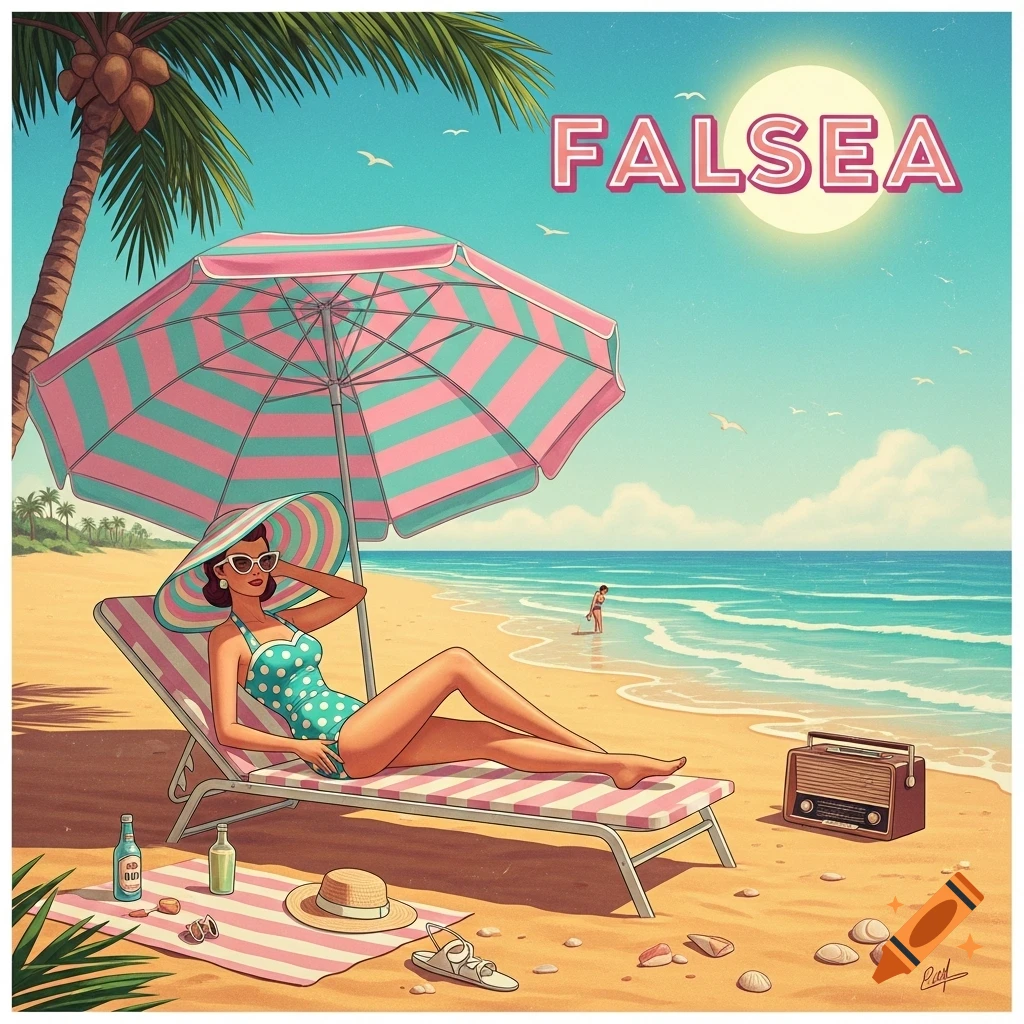 A retro illustration of a woman relaxing on a lounge chair under a striped umbrella on a sunny beach with the text FALSEA.