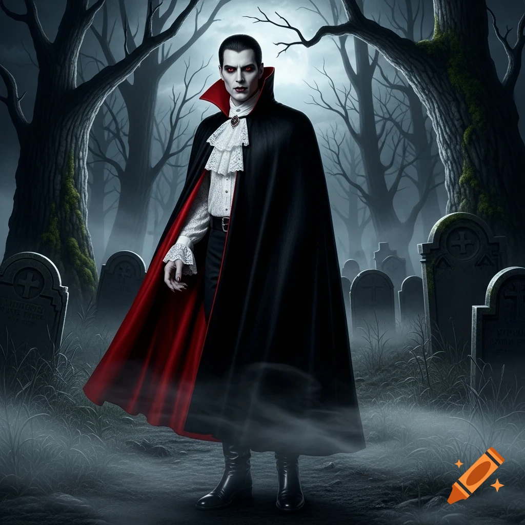 A pale vampire in a black and red cape stands in a misty graveyard at night.