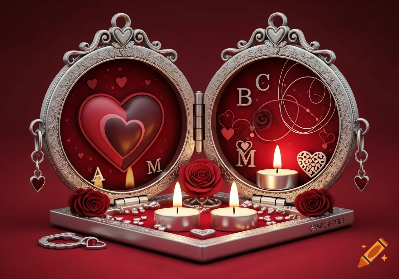 An open silver ornate locket displays a red heart and initials, surrounded by lit candles, red roses, and small silver hearts on a red background.