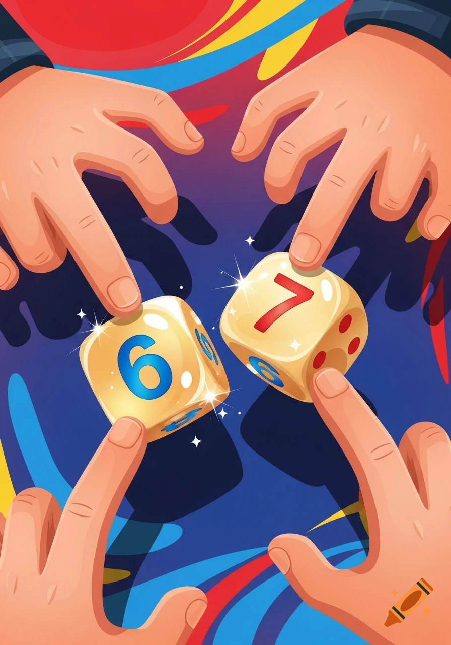 Cartoon illustration of hands holding two dice, one with a blue 6 and the other with a red 7, on a vibrant background.