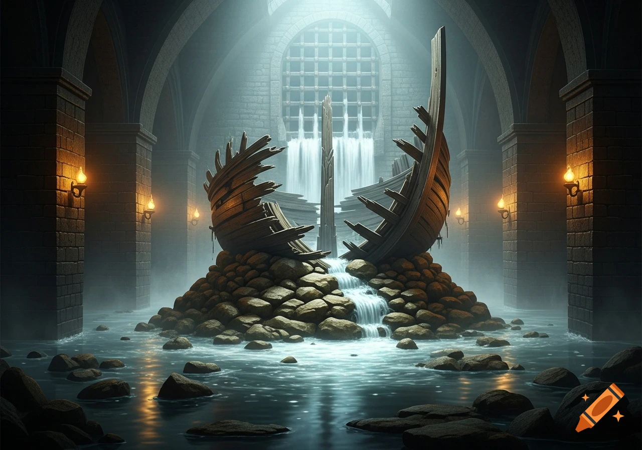 A broken wooden ship rests on rocks in a misty underground cellar with water flowing from a grated archway.