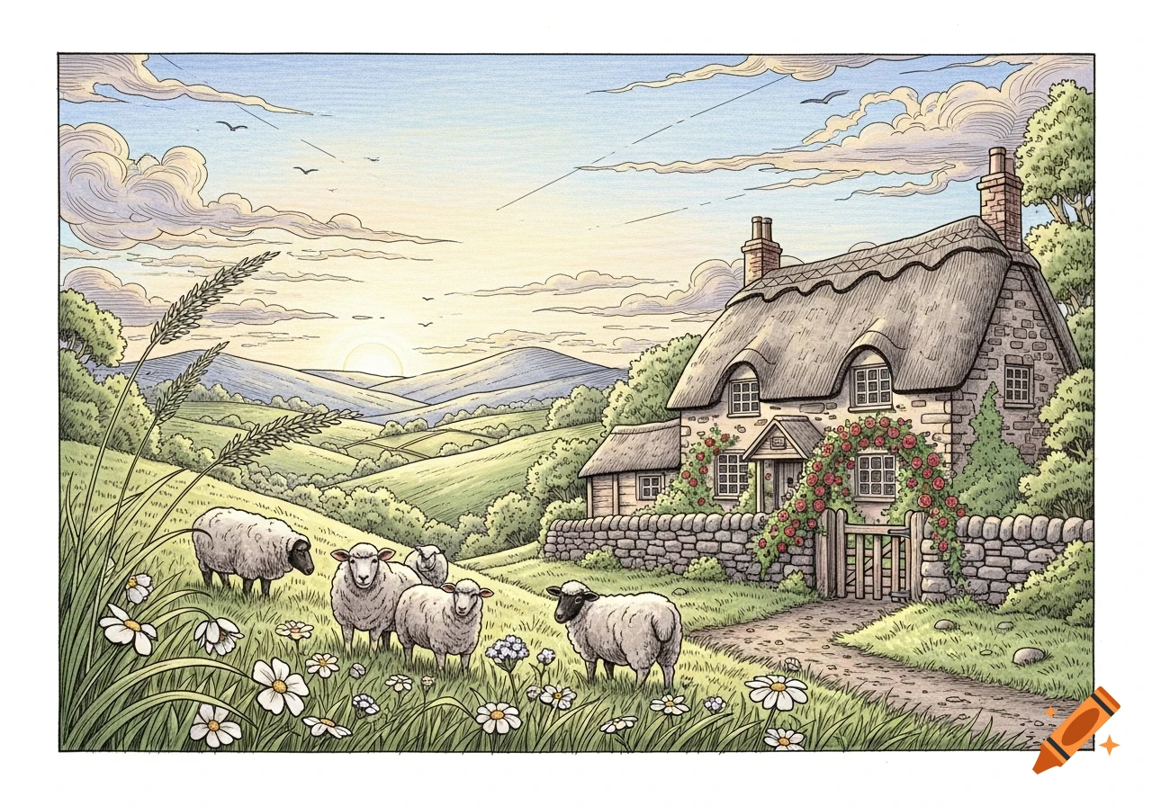 Hand-drawn illustration of a thatched cottage, sheep grazing in a daisy field, and rolling hills at sunrise.