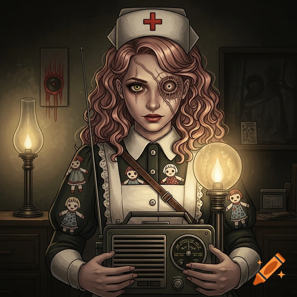 A creepy nurse with a mechanical eye, cracked face, and strawberry blonde hair holds a vintage radio in a dim room with two lamps. Doll motifs adorn her dark green uniform.