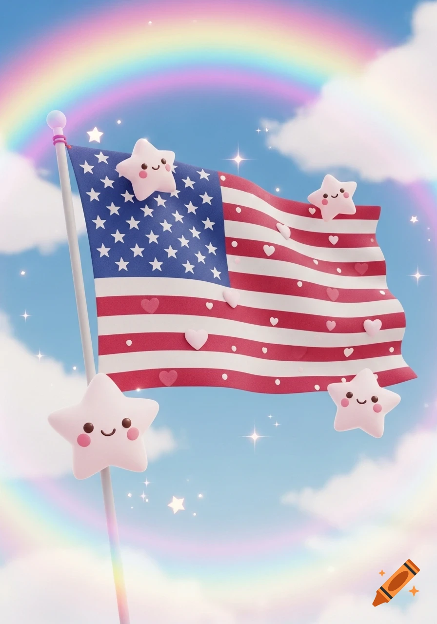 A cute 3D American flag with smiling stars and heart stripes waves under a pastel rainbow and clouds.