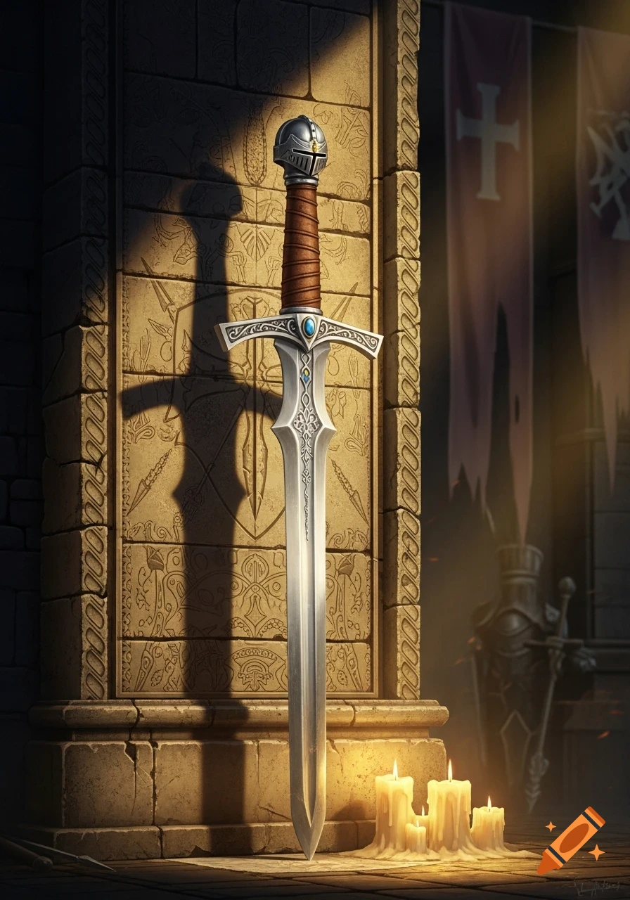 A decorated crusader sword stands upright against an ancient stone wall ...