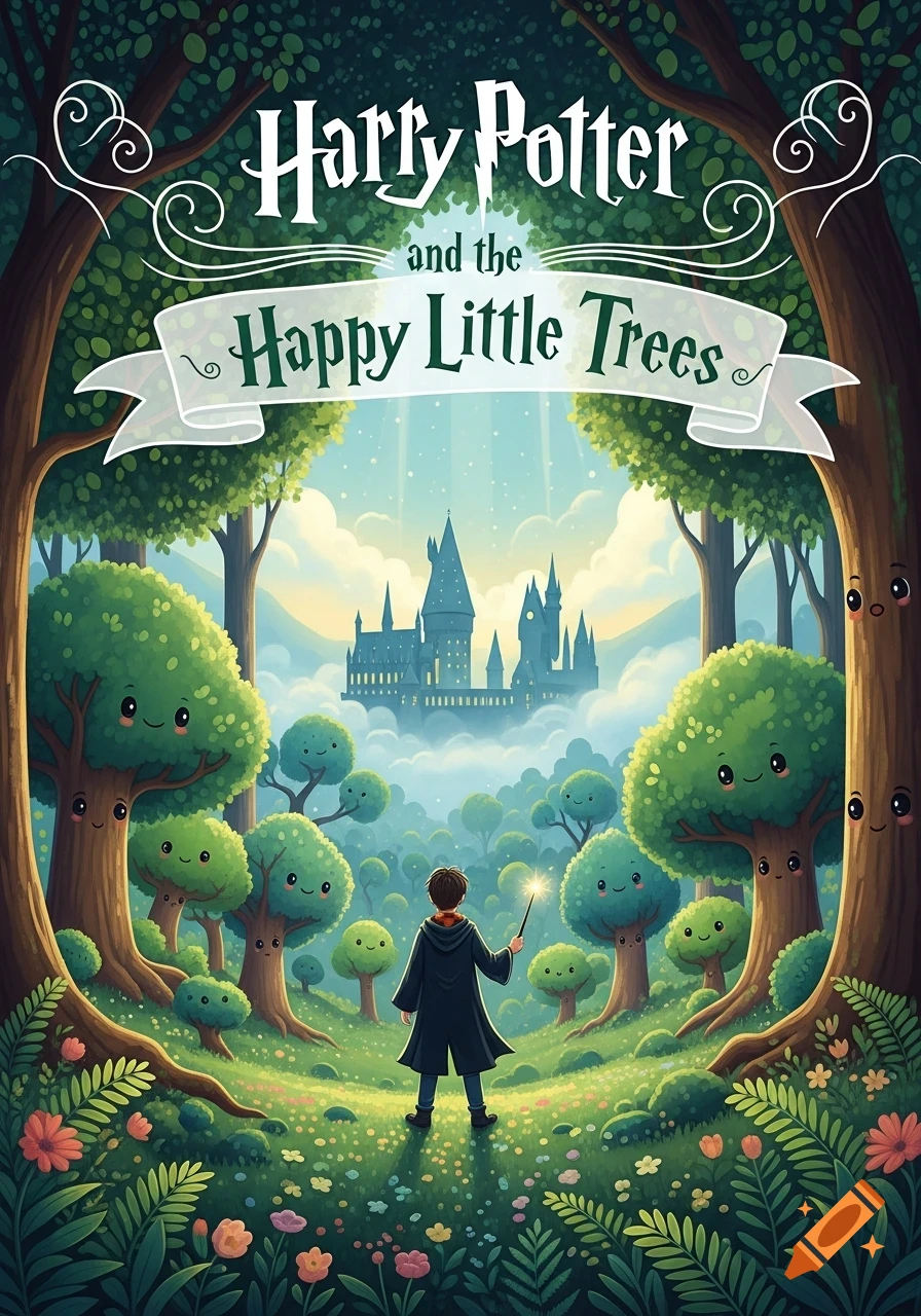 Illustration of Harry Potter with a wand in a magical forest of smiling trees, looking at Hogwarts castle.