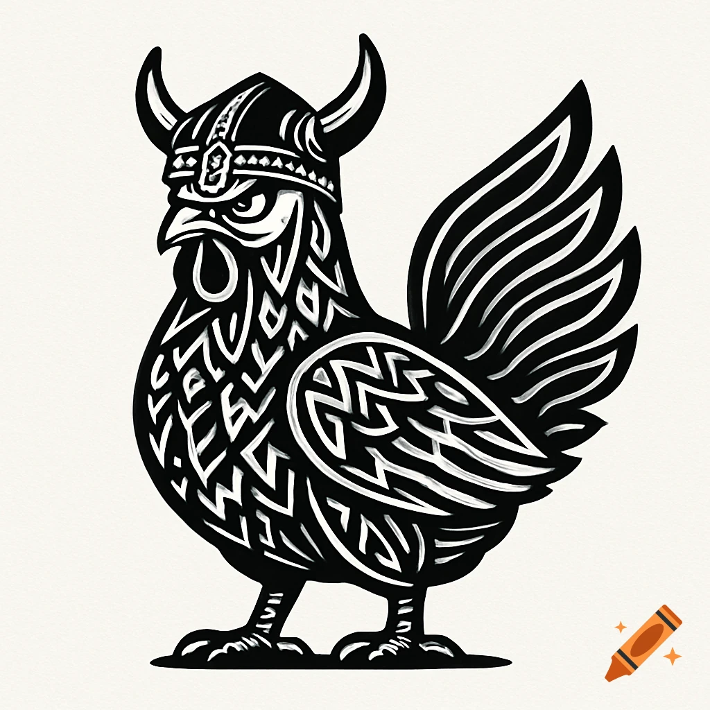 Black and white logo of a chicken wearing a Viking helmet, looking fierce.