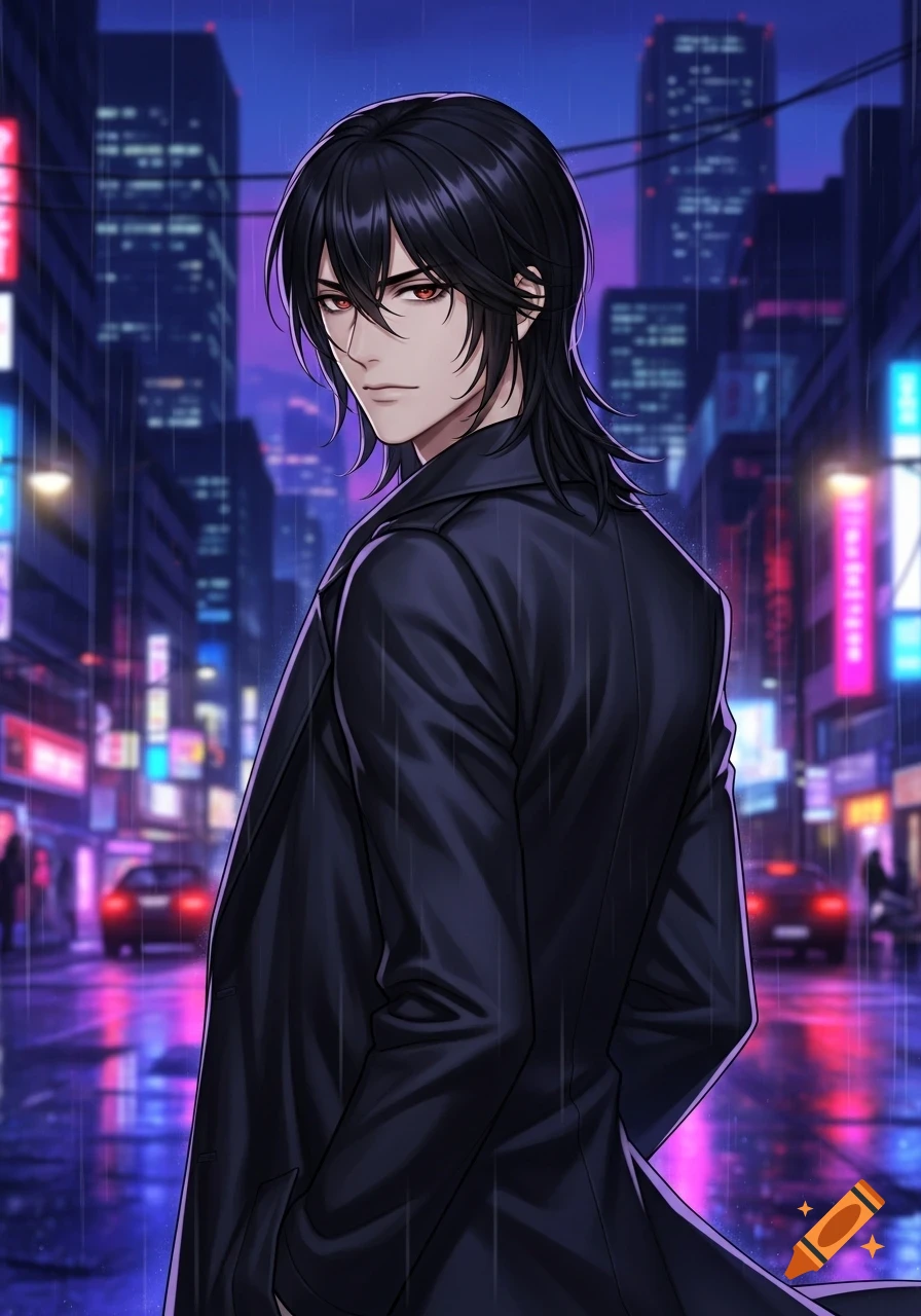 A dark-haired anime man with red eyes in a black coat looks over his shoulder on a rainy, neon-lit city street at night.