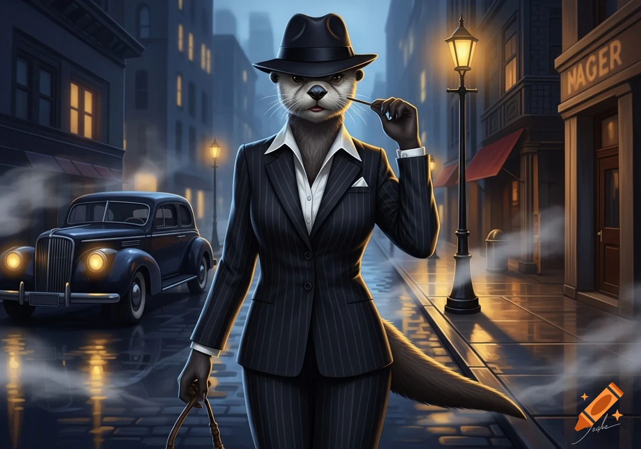 An anthropomorphic otter in a pinstripe suit and fedora stands on a rainy city street with a vintage car.