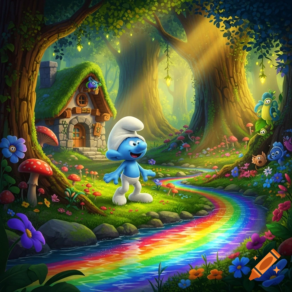 A cheerful Smurf walks through a vibrant, enchanted forest with a mushroom house and a rainbow-colored stream.