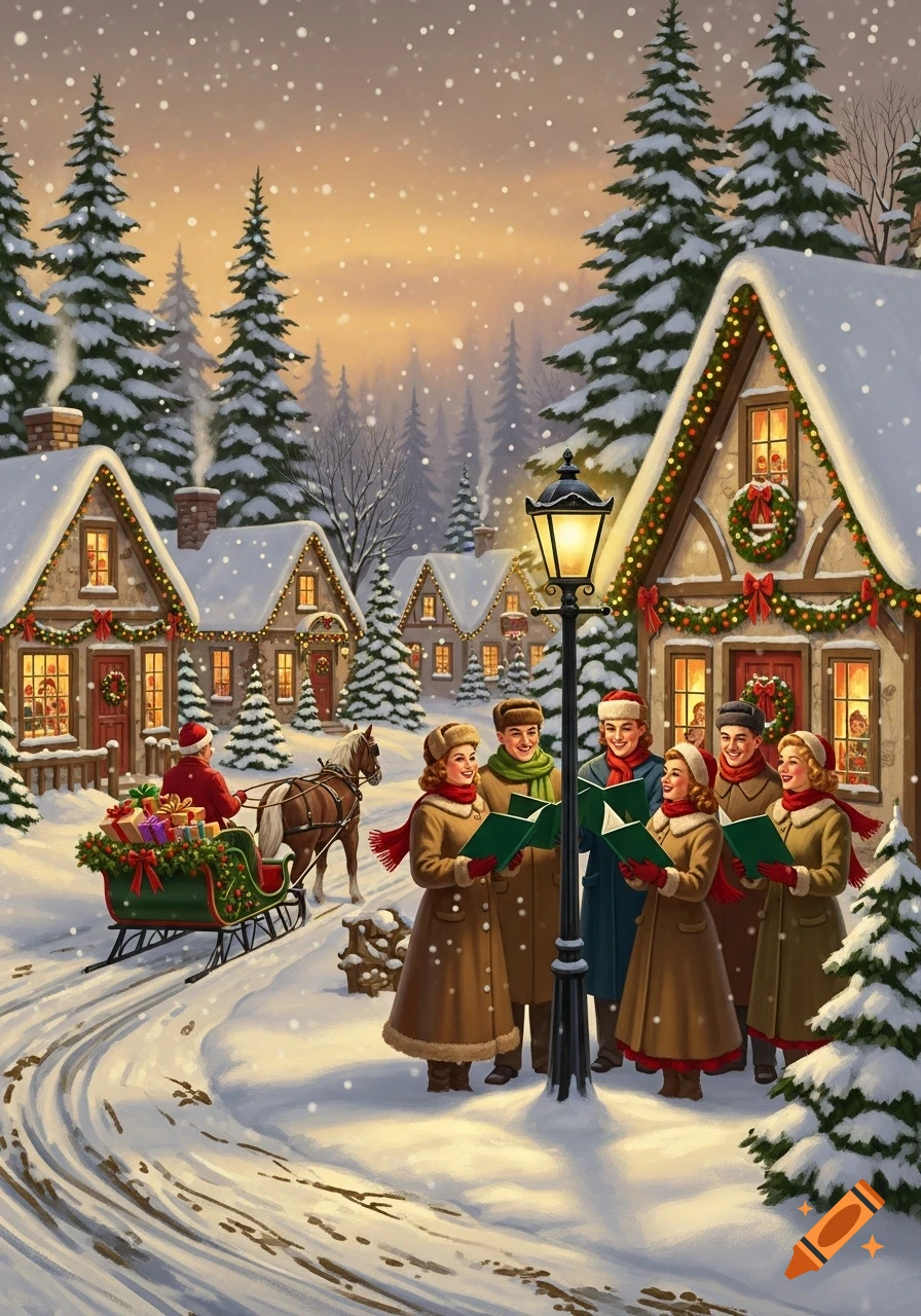 Vintage illustration of carolers singing by a lamppost in a snowy Christmas village with a horse-drawn sleigh.