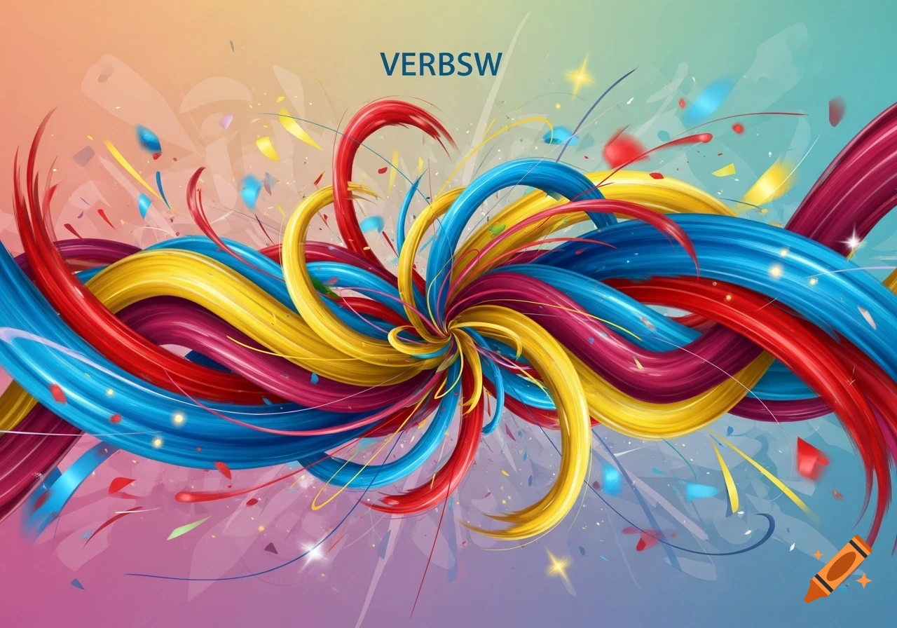 Abstract design with swirling red, yellow, and blue ribbons, confetti, and sparkles. The word 'VERBSW' is at the top center on a gradient background.