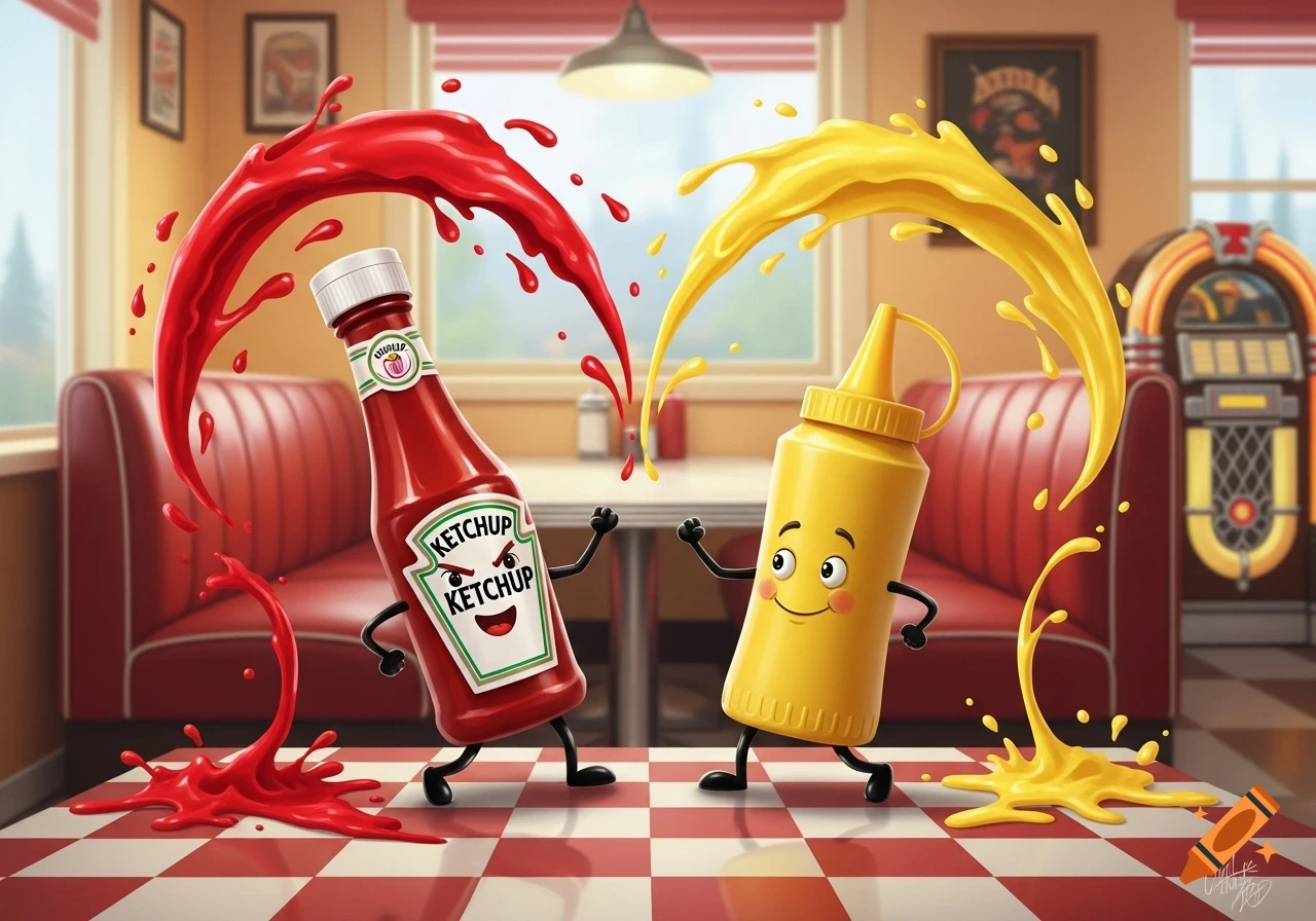 Cartoon ketchup and mustard bottles with faces and limbs splash their contents on a red and white checkered floor in a diner.