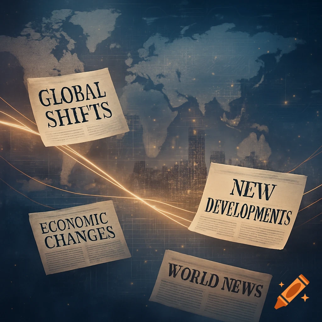 A collage with floating newspaper headlines like 'Global Shifts' and 'New Developments' over a world map and city skyline, with golden light trails.