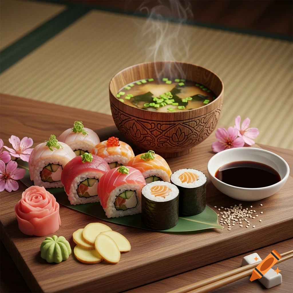 Photorealistic sushi platter with various rolls, miso soup, ginger, wasabi, soy sauce, and cherry blossoms on a wooden board.