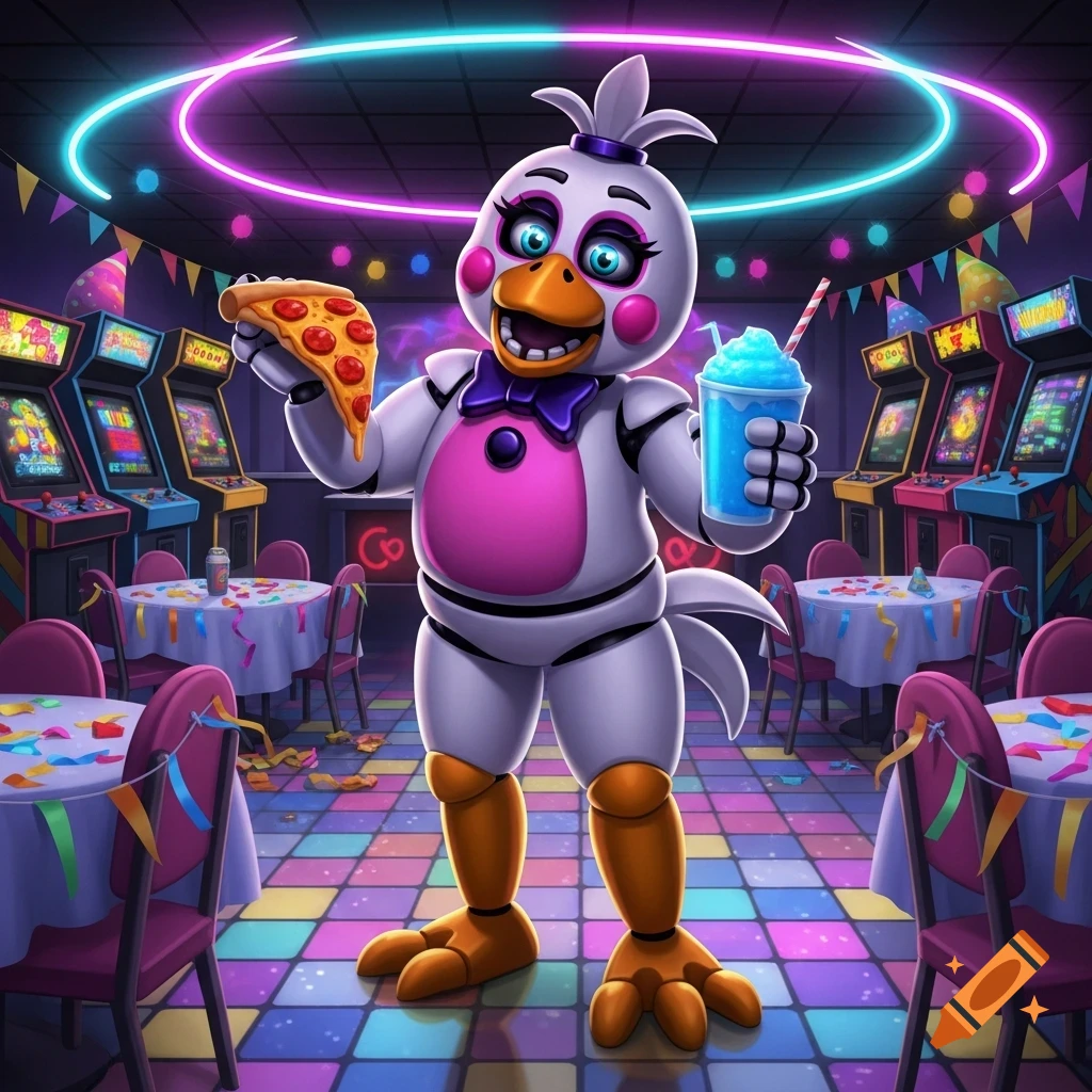 A cartoonish white animatronic chicken, Glamrock Chica, holds a slice of pizza and a blue slushie in a neon-lit arcade with arcade machines and party tables.
