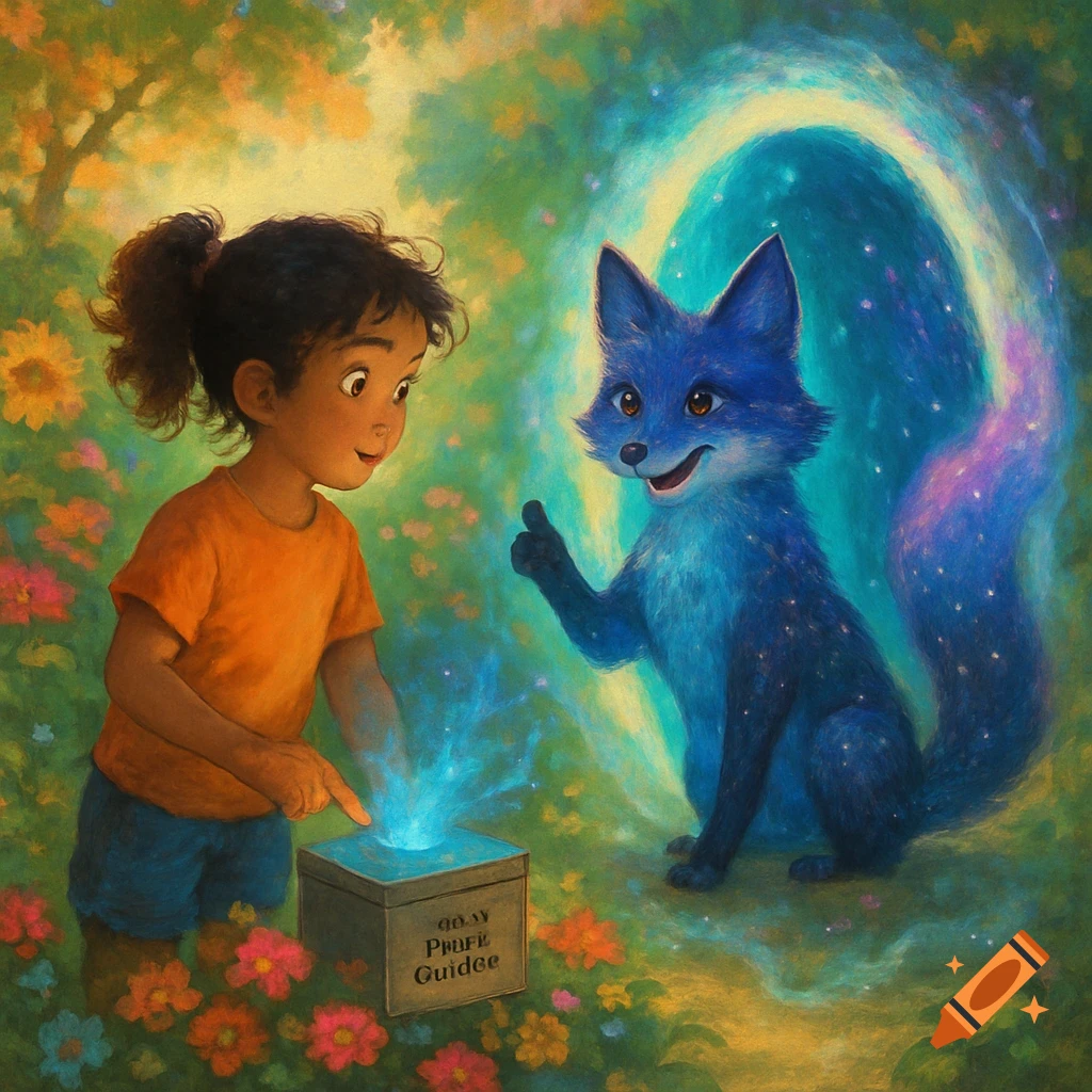A young girl with a ponytail points at a glowing box, looking at a smiling blue space fox with a starry tail in a lush, flowery garden.