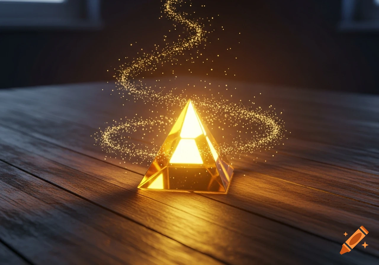 Triangular Prism Gold A glowing golden triangular prism sits on a dark wooden table ...