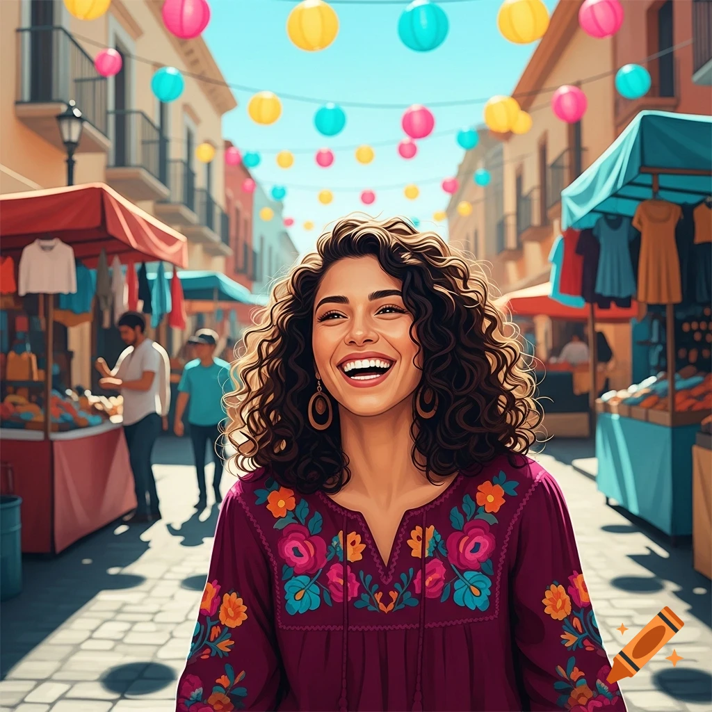 A smiling woman with curly hair wears an embroidered blouse, standing in a vibrant street market with colorful lanterns overhead.