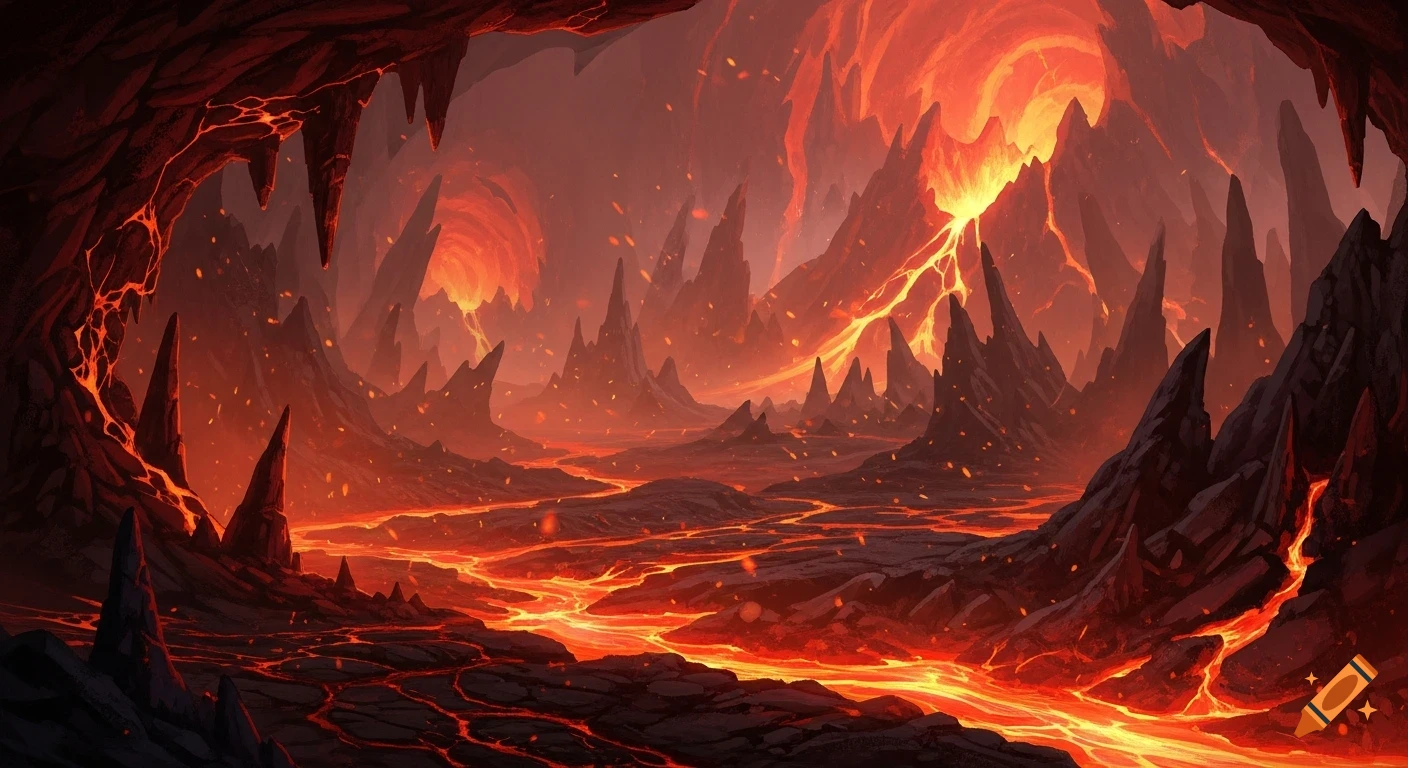 A vibrant, dramatic fantasy landscape inside a volcanic cavern with glowing red and orange lava rivers, sharp rock formations, and fiery skies.