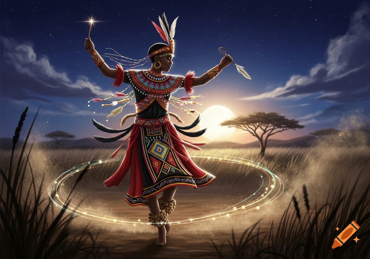 Person in vibrant African traditional attire dancing magically in a savanna at night under a starry sky with a large full moon.