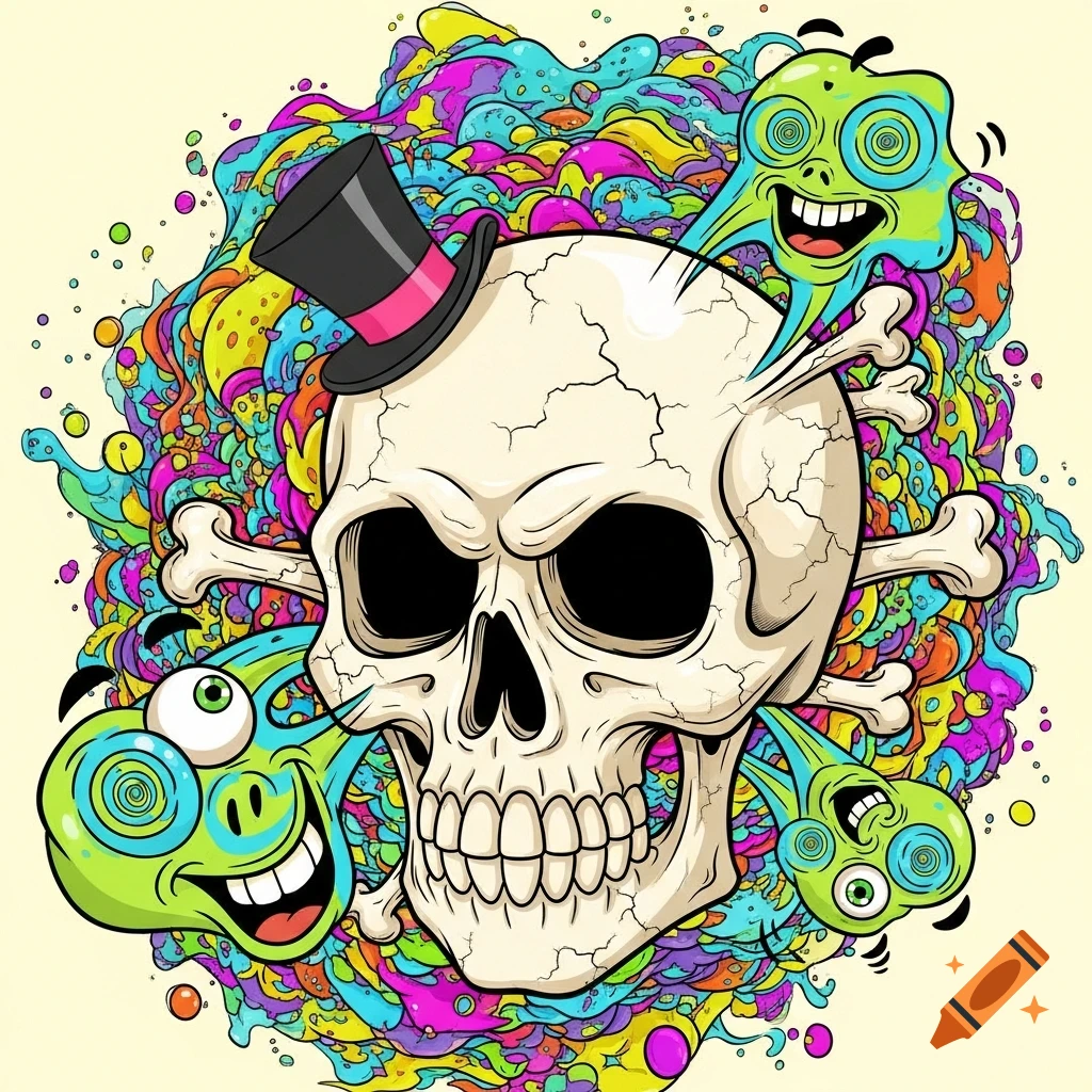 Vibrant cartoon skull with a black top hat and crossbones, flanked by green zany creatures, surrounded by psychedelic abstract shapes.