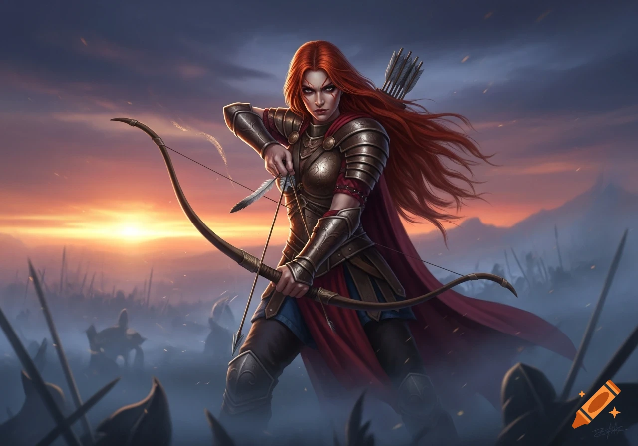 Red-haired woman warrior in armor holding a bow and arrow on a misty battlefield at sunset.